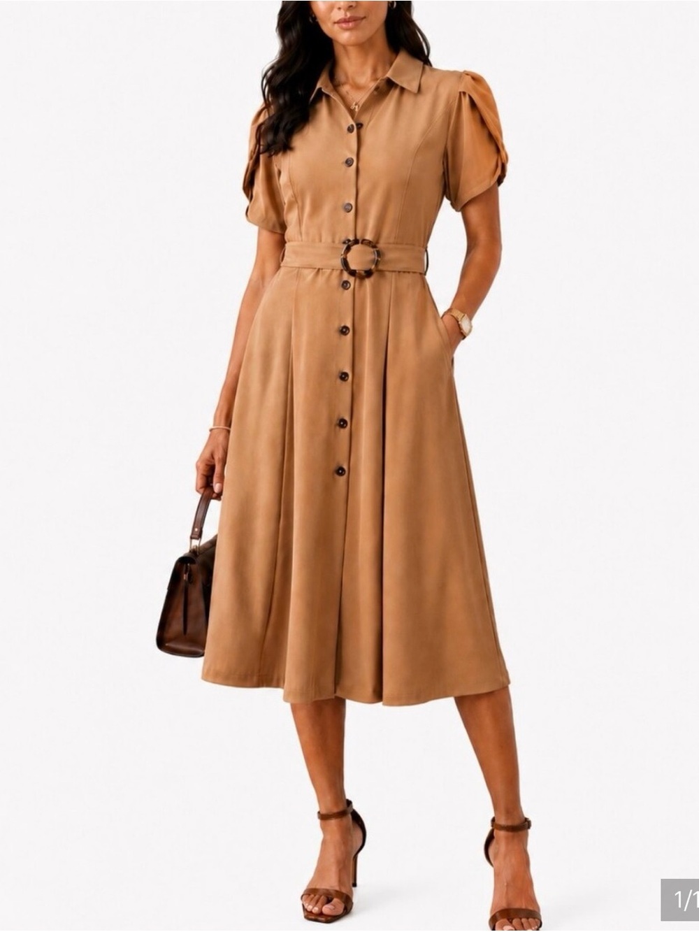 Calvin Klein Cognac Button-Front Midi Dress with Belt